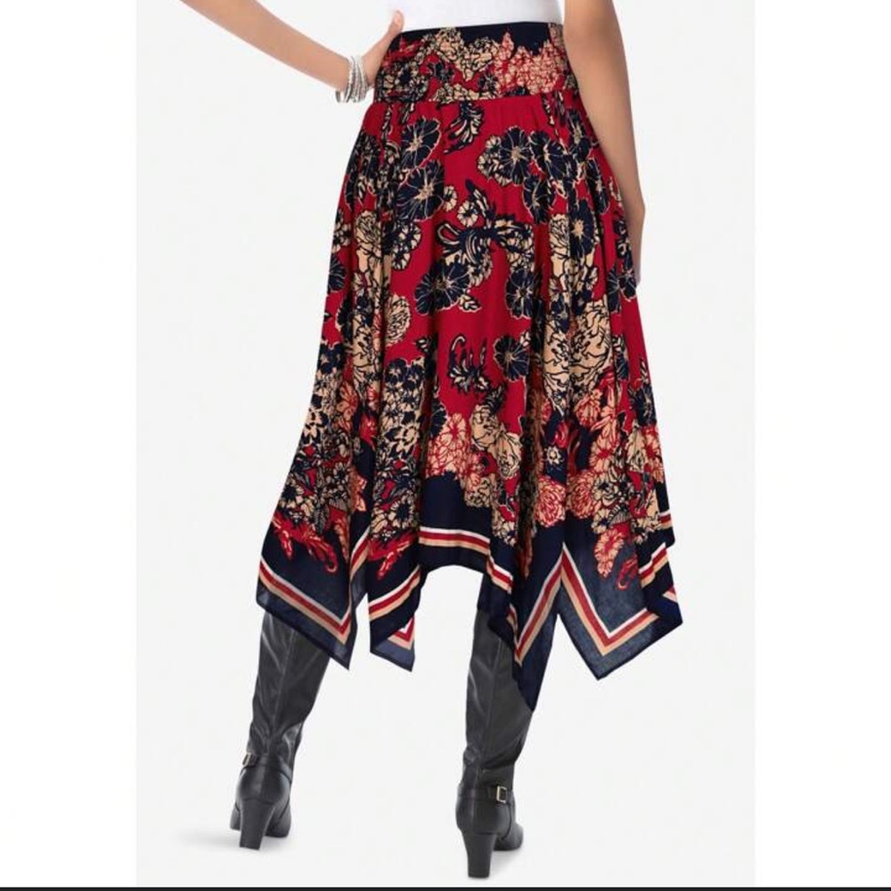 Denim 24/7 Red Floral Handkerchief Hem Skirt – 28W Petite - Picture 4 of 12